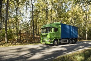 Scania G 320 6x2 Highline Hybrid with container.  Södertälje, Sweden Photo: Dan Boman 2015